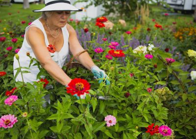 A woman gardening and surrounded by flowers